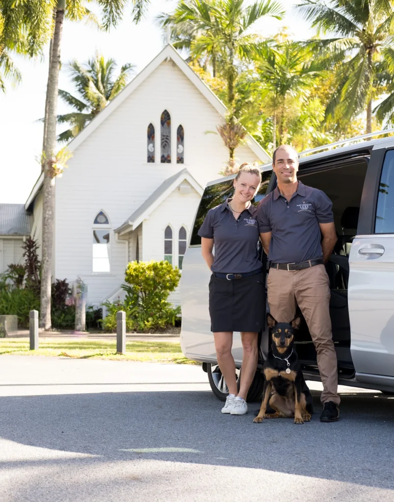 The hosts of Port Douglas Luxe Tours with their Mercedes-Benz V-Class at St Mary's by the Sea